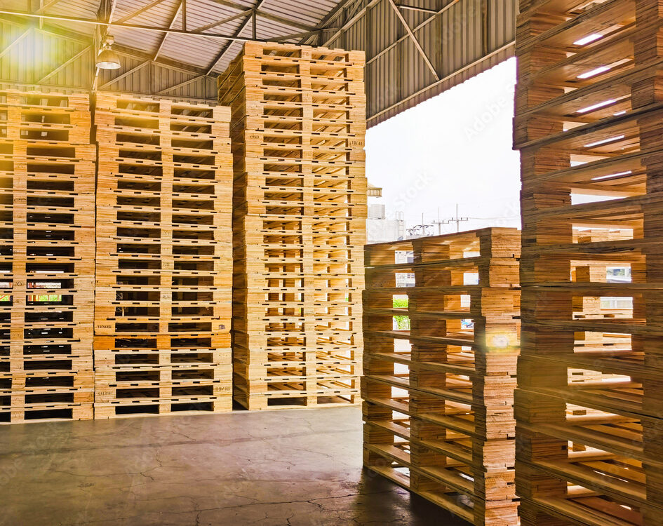 Wooden pallets stack at the freight cargo warehouse for transportation and logistics industrial